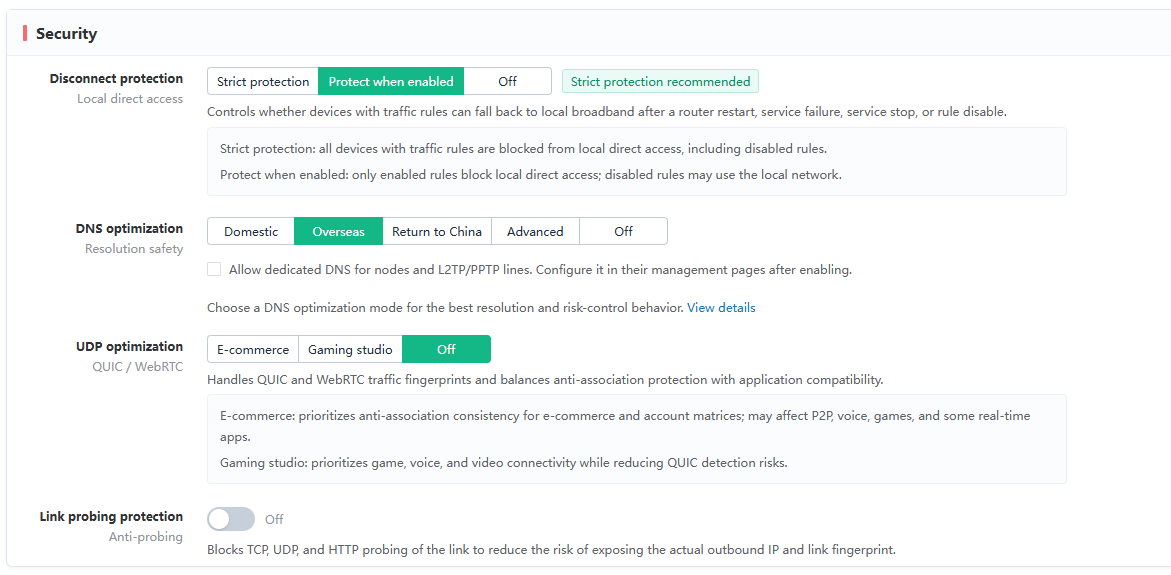 SoloIP V7 kill-switch, DNS, and UDP protection settings